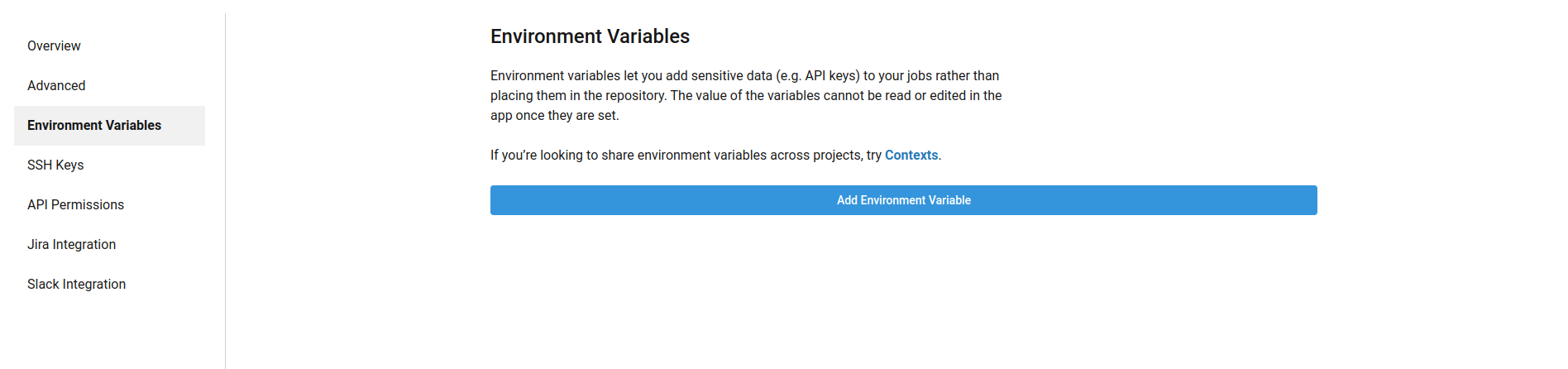 Environment Variables section of the settings page